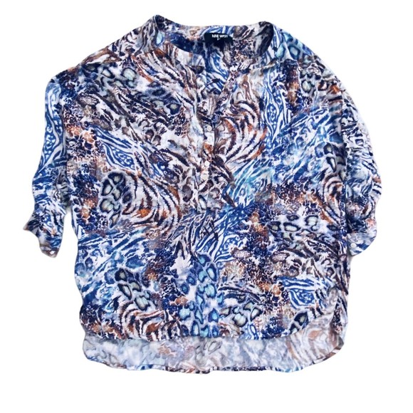 Nine West Jeans Gisella 3/4 Roll Sleeve Multicolor Viscose Hi/Lo Top Missy Sz L - Picture 1 of 11